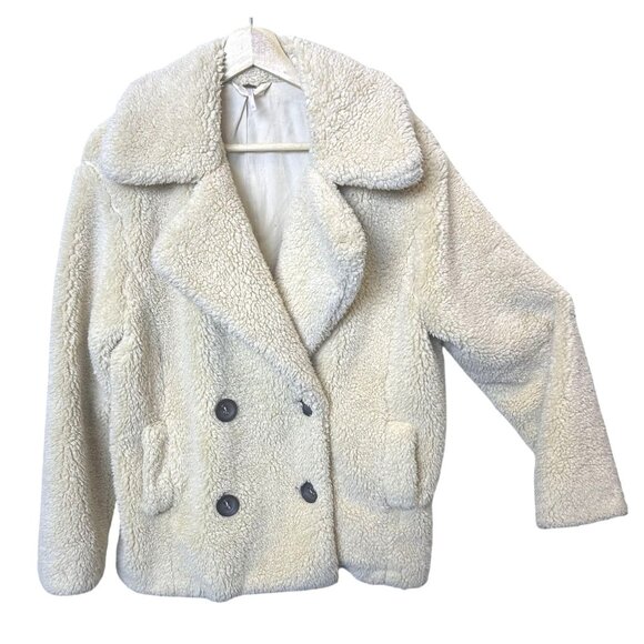 Free People Teddy Sherpa Pea Coat Oatmeal XS Cozy & Soft Double Breasted Jacket - Picture 3 of 11